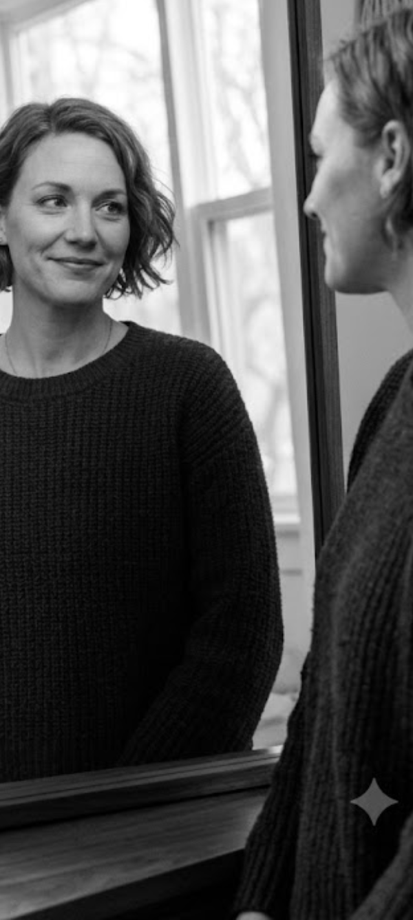 Woman looking at her reflection in a mirror