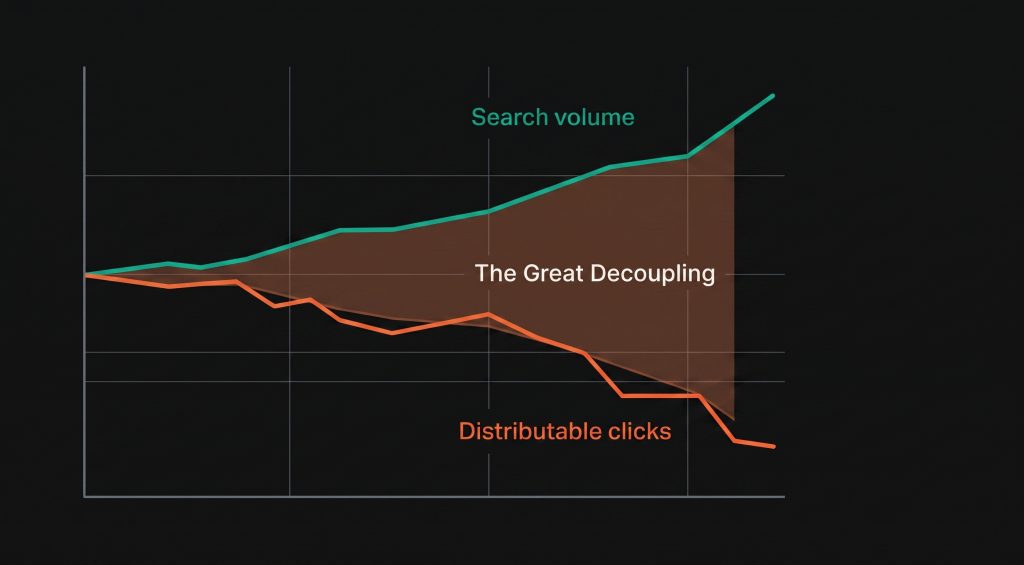Diagram illustrating the great decoupling: search query volume rising while distributable clicks to third-party sites shrink