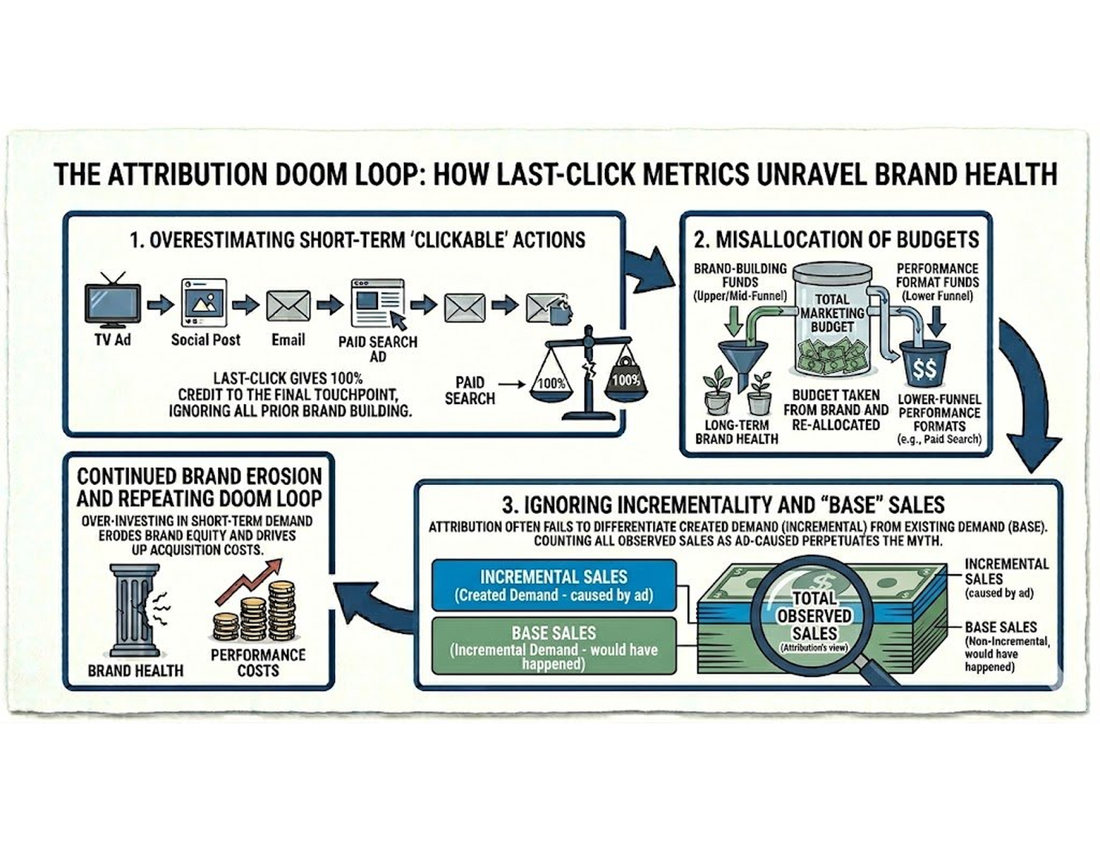 Attribution doom loop showing how last-click rewards starve brand