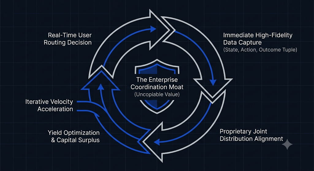 Compounding data flywheel diagram illustrating the SAVD enterprise coordination moat through iterative user routing decisions and downstream outcome loops.