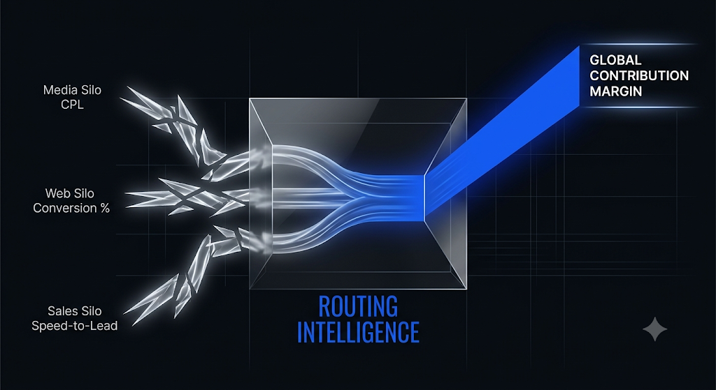 Conceptual schematic illustrating routing intelligence transforming siloed marketing metrics into a unified, high-intensity vector focused on global contribution margin.