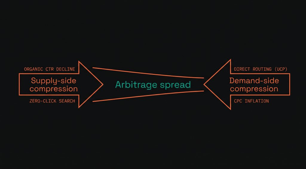 Diagram showing supply-side and demand-side pressure compressing the lead generation arbitrage spread from both ends