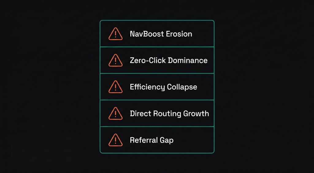 Checklist diagram showing five diagnostic signals of structural exposure to AI-driven search compression