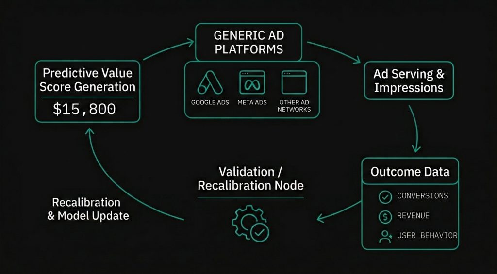 Feedback loop diagram showing a predictive value score feeding into ad platform bidding and looping back through validation